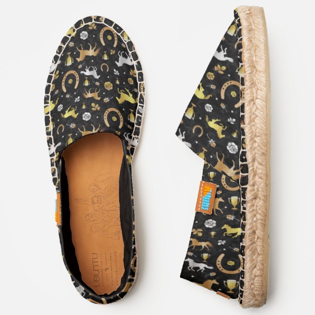 Horse Racing Horseshoes Derby Pattern Black Gold Espadrilles (Side)