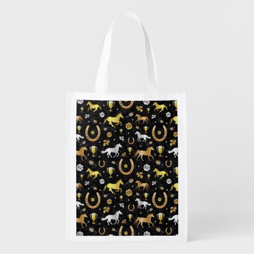 Horse Racing Horseshoes Derby Pattern Black Gold Grocery Bag