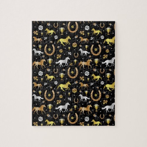 Horse Racing Horseshoes Derby Pattern Black Gold Jigsaw Puzzle