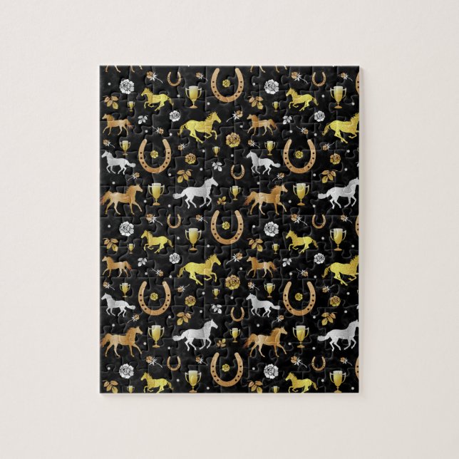 Horse Racing Horseshoes Derby Pattern Black Gold Jigsaw Puzzle (Vertical)