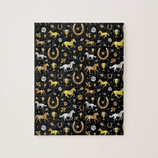 Horse Racing Horseshoes Derby Pattern Black Gold Jigsaw Puzzle Zazzle