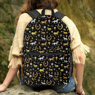 Horse Racing Horseshoes Derby Pattern Black Gold Printed Backpack
