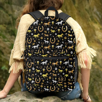 Horse Racing Horseshoes Derby Pattern Black Gold Printed Backpack by FancyCelebration at Zazzle