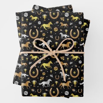 Horse Racing Horseshoes Derby Pattern Black Gold Wrapping Paper Sheets by FancyCelebration at Zazzle