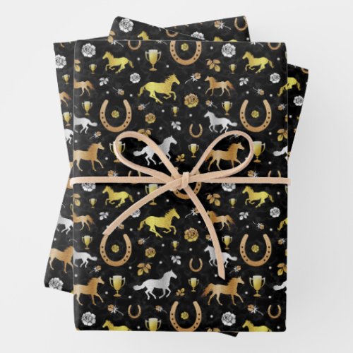 Horse Racing Horseshoes Derby Pattern Black Gold Wrapping Paper Sheets