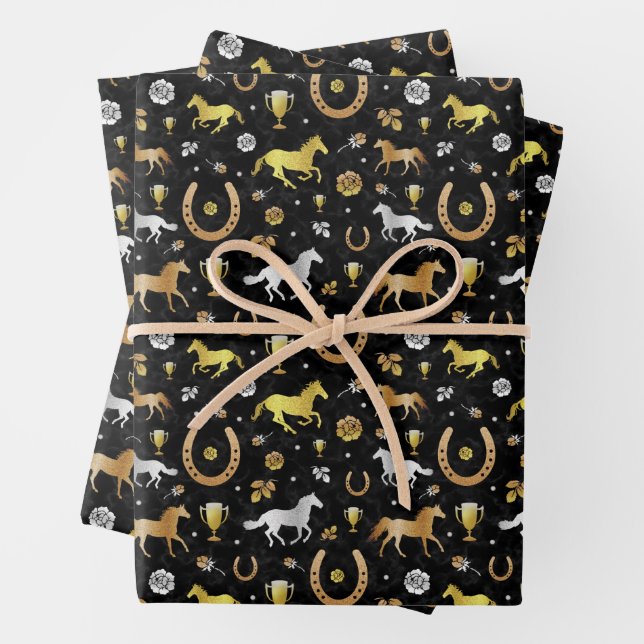 Horse Racing Horseshoes Derby Pattern Black Gold Wrapping Paper Sheets (In situ)