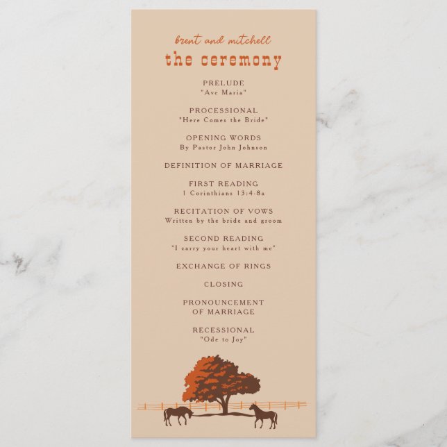 Horse Rail Fence Oak Horses Wedding Program (Front)
