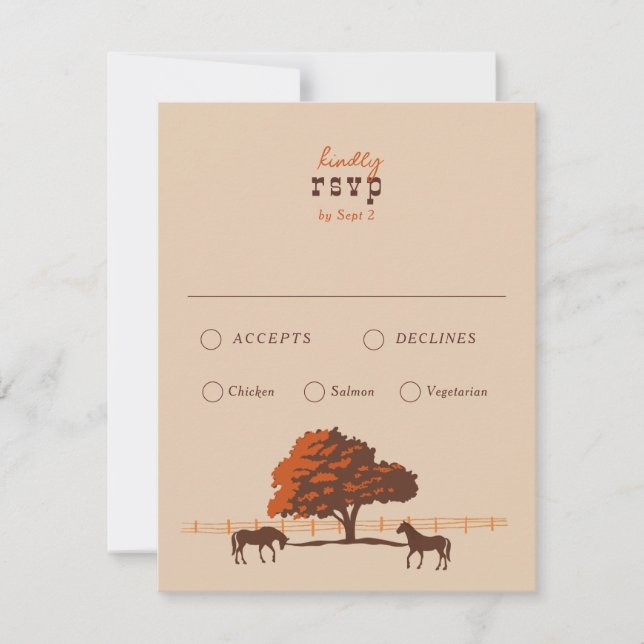 Horse Rail Fence Oak Horses Wedding RSVP Card (Front)