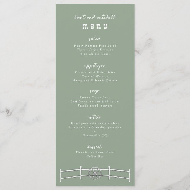 Horse Rail Fence Wagon Wheel Sage Dinner Menu (Front)