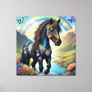 Horse, Rainbow, Flowers and Butterflies Canvas Print