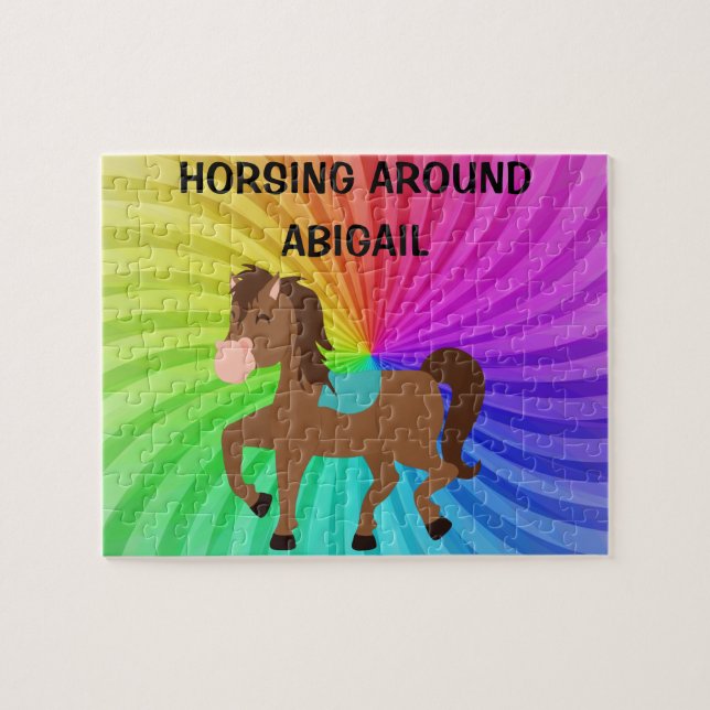 Horse & Rainbows puzzle personalized for kids. (Horizontal)