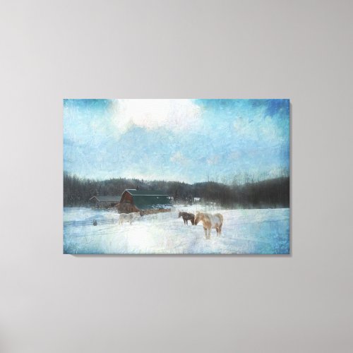 Horse Ranch Barns and Snow Painting Canvas Print