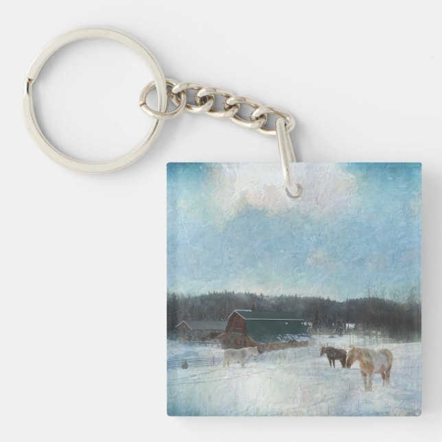 Horse Ranch, Barns and Snow Painting Keychain (Front)