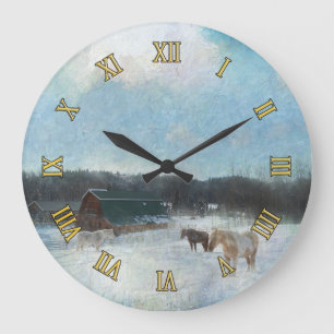 Horse Ranch, Barns and Snow Painting Large Clock