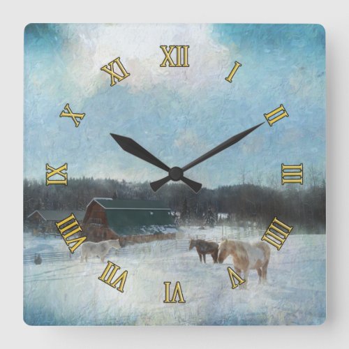 Horse Ranch Barns and Snow Painting Square Wall Clock