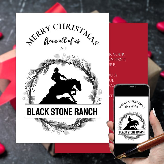 Horse ranch logo branding Christmas business Holiday Card (Merry Christmas reining horse horse barn, stable, horse ranch logo Christmas card)