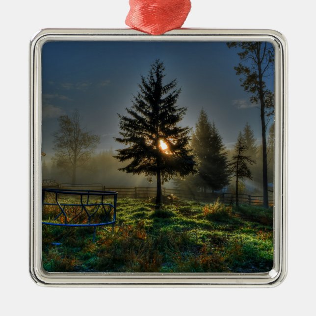 Horse Ranch Sunrise Nature Photo Metal Ornament (Front)