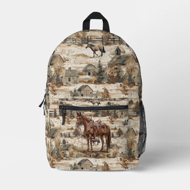 Horse Ranch Toile  Printed Backpack (Front)