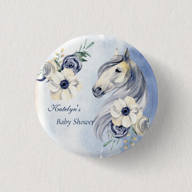Horse ranch watercolor flowers baby shower  button (Front)