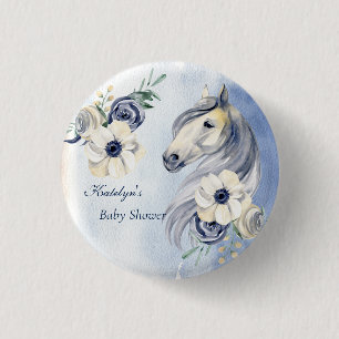 Horse ranch watercolor flowers baby shower button