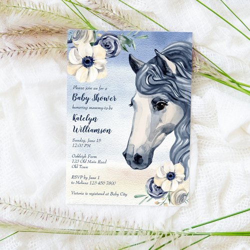 Horse ranch watercolor with flowers baby shower invitation