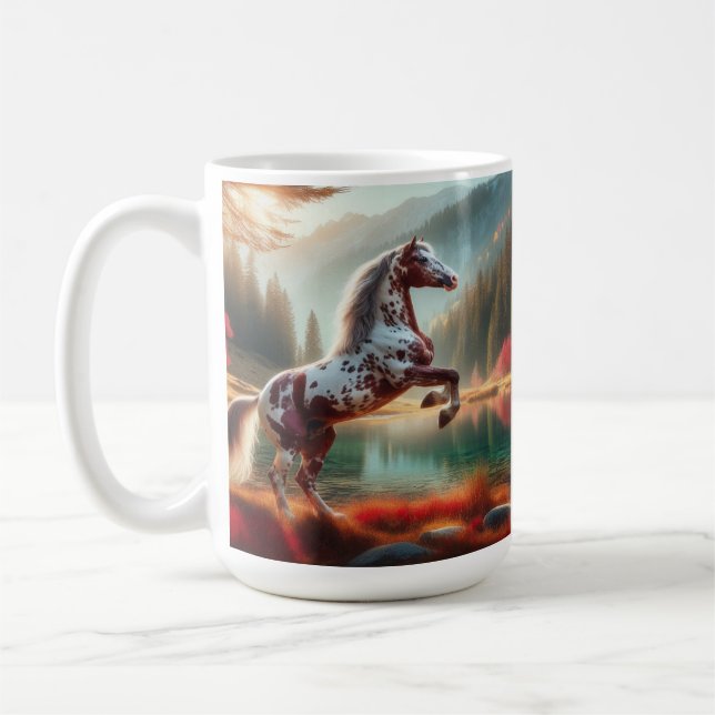 Horse Rearing Beside Tranquil Lake Coffee Mug (Left)