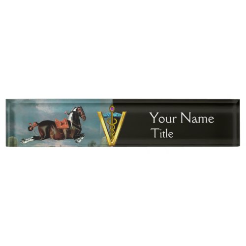 HORSE REARING GOLD CADUCEUS VETERINARY SYMBOL DESK NAME PLATE