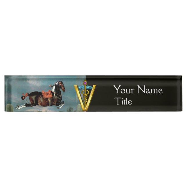 HORSE REARING "GOLD CADUCEUS VETERINARY SYMBOL DESK NAME PLATE (Front)