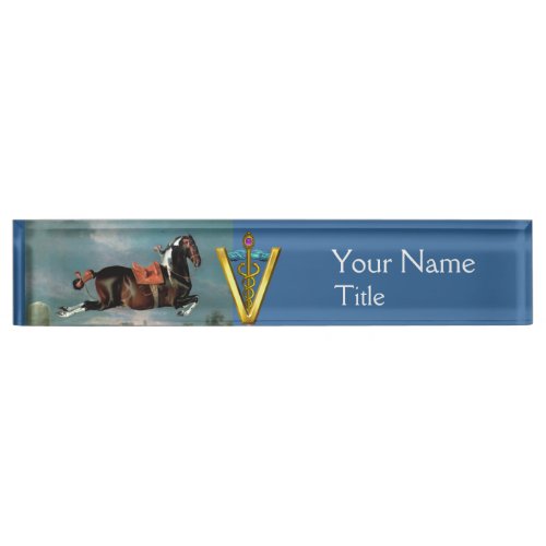 HORSE REARING GOLD CADUCEUS VETERINARY SYMBOL DESK NAME PLATE