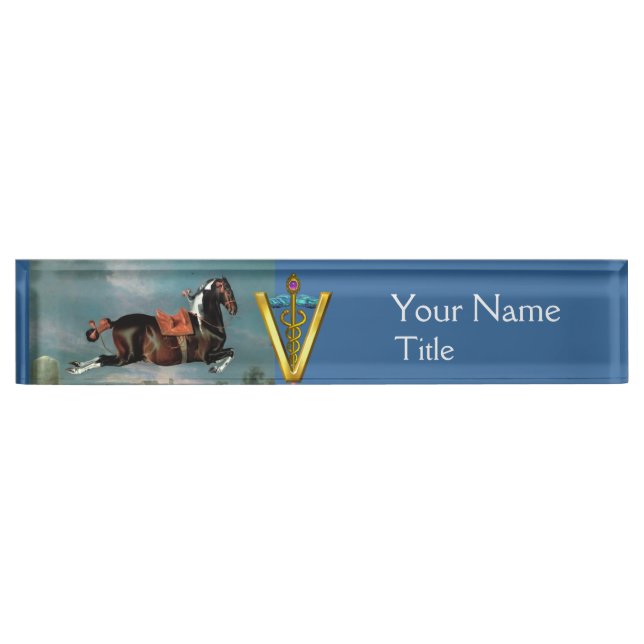 HORSE REARING "GOLD CADUCEUS VETERINARY SYMBOL DESK NAME PLATE (Front)