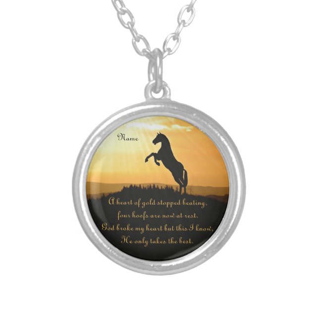 Horse Rearing Silhouette At Sunrise Silver Plated Necklace (Front)
