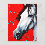 Horse Red Background Blue Flowers Postcard at Zazzle