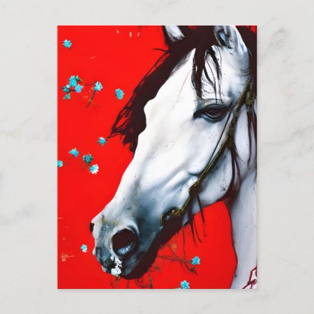 Horse Red Background Blue Flowers Postcard