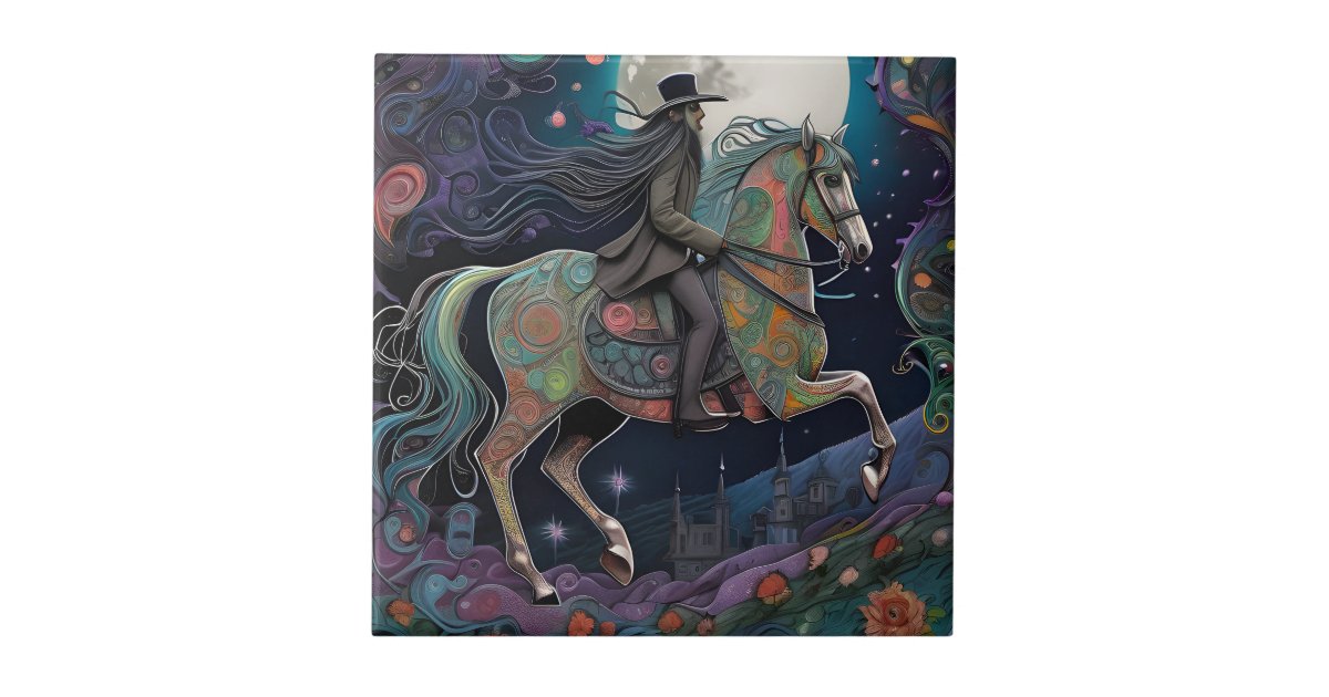 Horse Ride at Midnight on a Full Moon Night Ceramic Tile | Zazzle