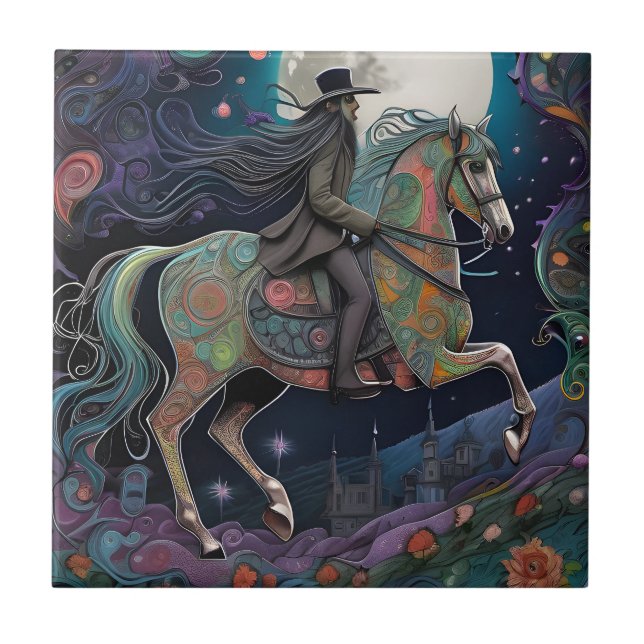 Horse Ride at Midnight on a Full Moon Night Ceramic Tile (Front)