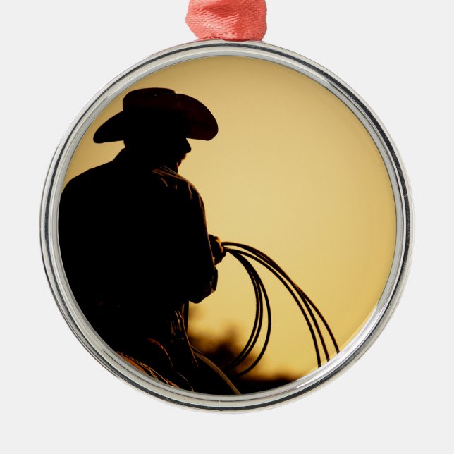 Horse Rider and Rope into the Sunset Metal Ornament (Front)
