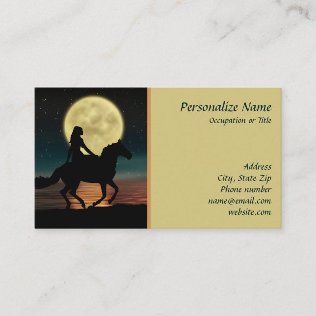 Horse Rider at Night Full Moon Along Beach Business Card (Front)