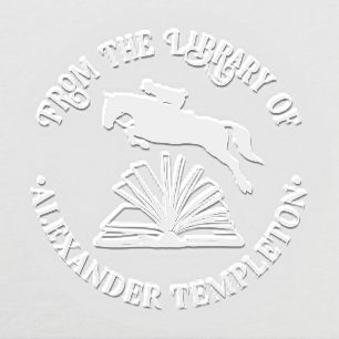 Horse & Rider Jumping Over Open Book Library Name Embosser