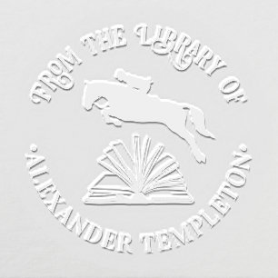 Horse & Rider Jumping Over Open Book Library Name Embosser