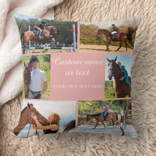 Horse Rider Photo Collage Pink Custom Cushion