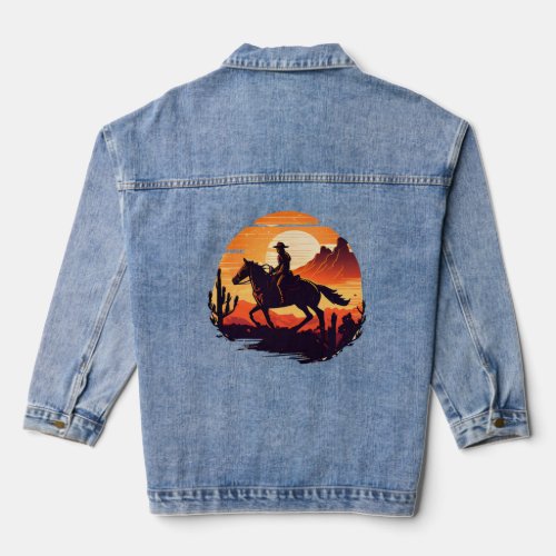 Horse Rider  Retro Vintage Sunset Horse Girl Graph Denim Jacket