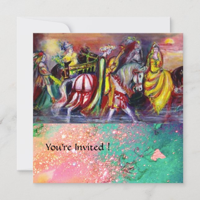 HORSE RIDERS IN NIGHT Pink Purple Green Sparkles Invitation (Front)
