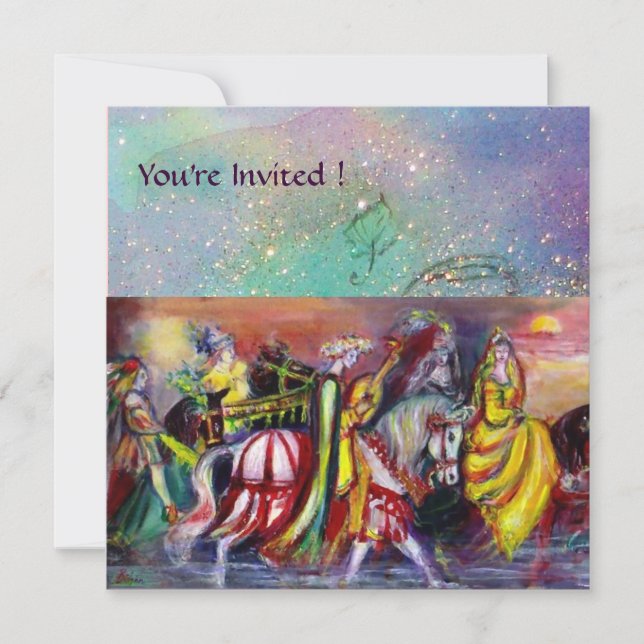 HORSE RIDERS ,MUSIC IN NIGHT, Gold Blue Gparkles Invitation (Front)