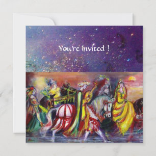 HORSE RIDERS ,MUSIC IN NIGHT, Gold Blue Gparkles Invitation