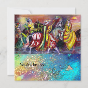 HORSE RIDERS ,MUSIC IN NIGHT, Gold Blue Gparkles Invitation
