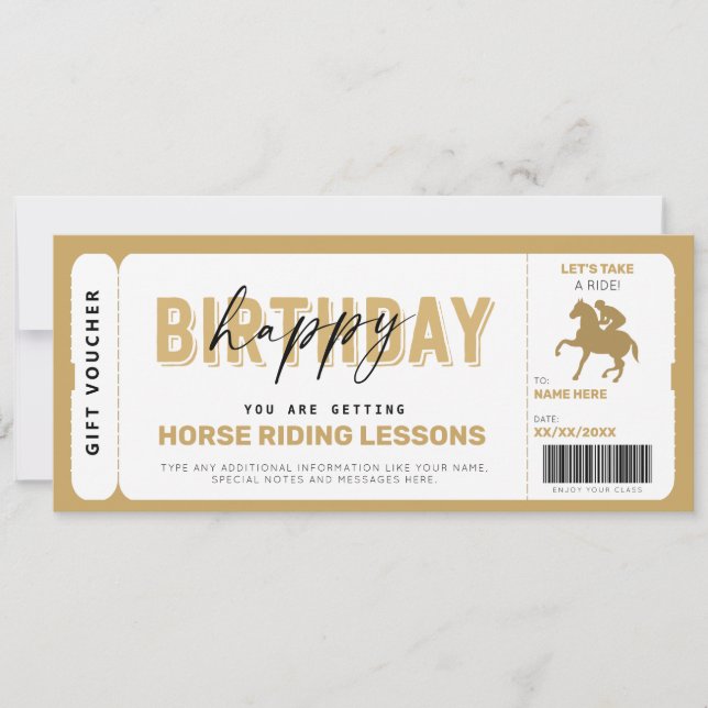Horse Riding Lessons Gold Gift Ticket Voucher Invitation (Front)
