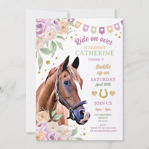 Horse Riding Party Lilac Pony Flower Girl Birthday Invitation