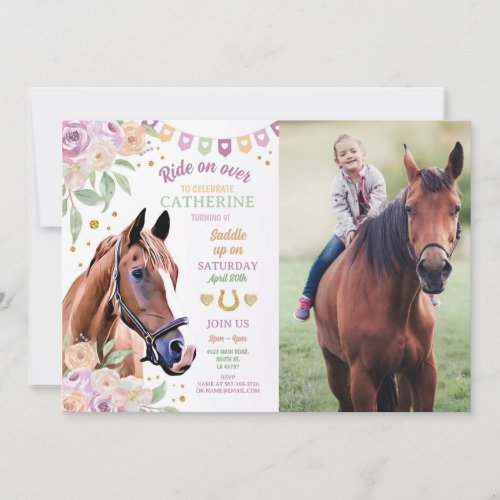 Horse Riding Party Lilac Pony Flower Girl Birthday Invitation