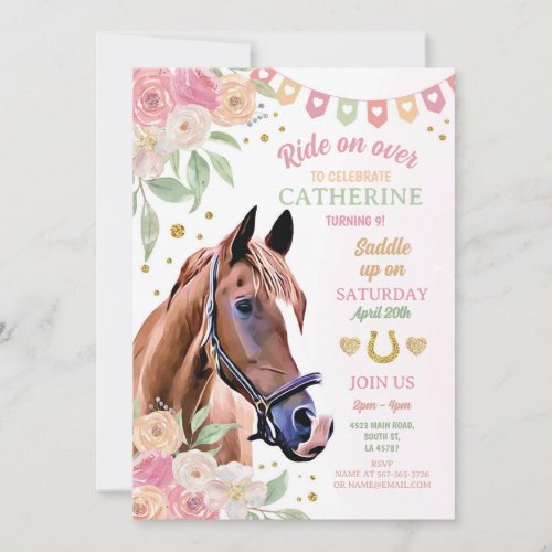 Horse Riding Party Pink Pony Flower Girls Birthday Invitation