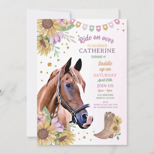 Horse Riding Party Pony Sunflower Girl Birthday Invitation